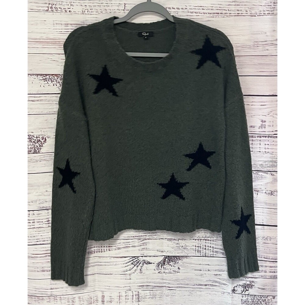 Rails Olive Green Black Star Print 100% Merino Wool Crewneck Pullover Sweater S